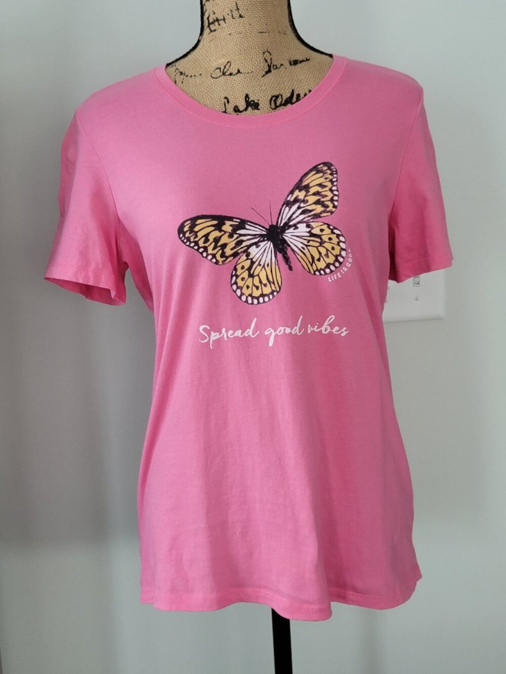 Ladies Dark Pink Butterfly Life Is Good Classic Fit Tee Medium